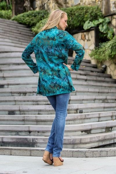 Alternate image for Long Sleeve Womens Rayon Jacket with Teal Floral Print Kenanga