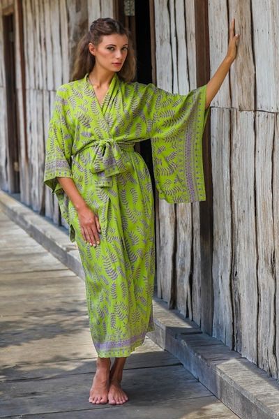 Alternate image for Balinese Green and Purple Fern Leaf Rayon Kimono Style Robe Tropical Fern Forest