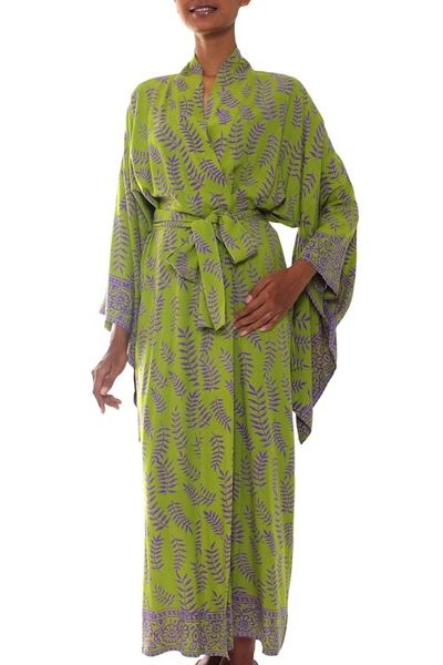 Alternate image for Balinese Green and Purple Fern Leaf Rayon Kimono Style Robe Tropical Fern Forest