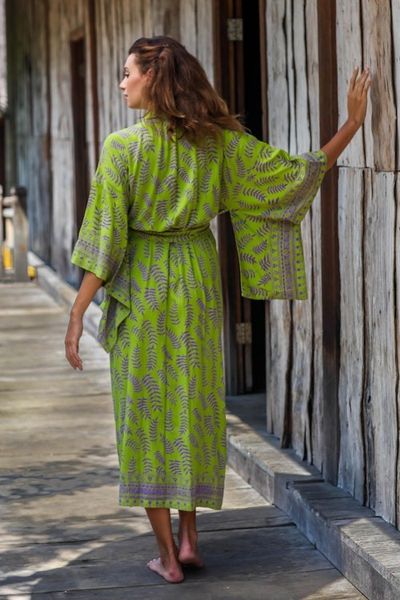 Alternate image for Balinese Green and Purple Fern Leaf Rayon Kimono Style Robe Tropical Fern Forest