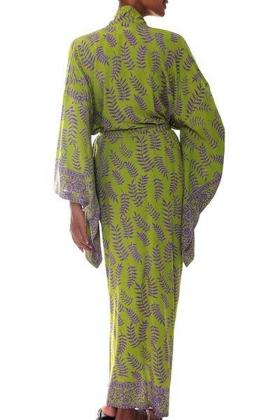 Alternate image for Balinese Green and Purple Fern Leaf Rayon Kimono Style Robe Tropical Fern Forest