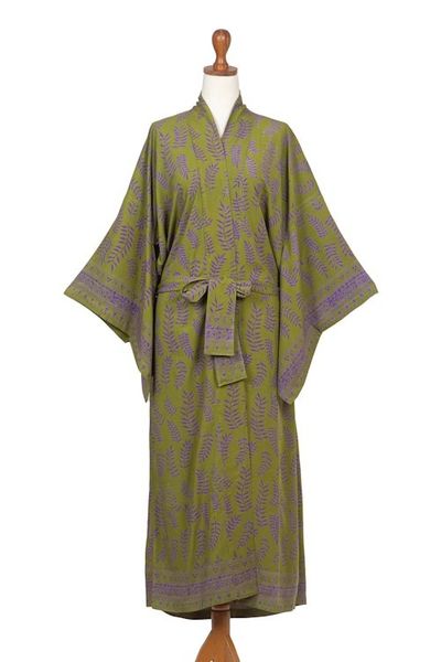 Alternate image for Balinese Green and Purple Fern Leaf Rayon Kimono Style Robe Tropical Fern Forest