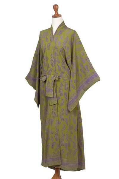 Alternate image for Balinese Green and Purple Fern Leaf Rayon Kimono Style Robe Tropical Fern Forest