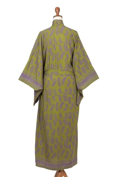 Alternate image for Balinese Green and Purple Fern Leaf Rayon Kimono Style Robe Tropical Fern Forest
