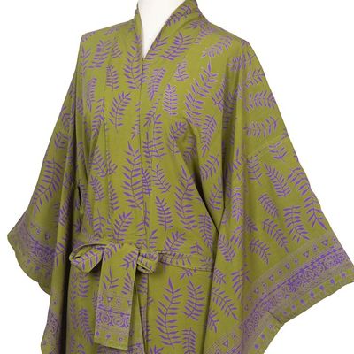 Alternate image for Balinese Green and Purple Fern Leaf Rayon Kimono Style Robe Tropical Fern Forest