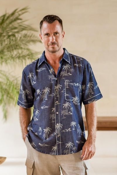 Alternate image for Mens Palm Tree-Patterned Cotton Shirt Tropical Vacation