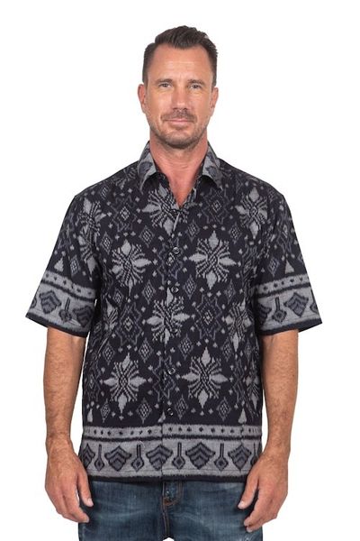Alternate image for Hand Woven Mens Ikat Cotton Shirt Dark Ash
