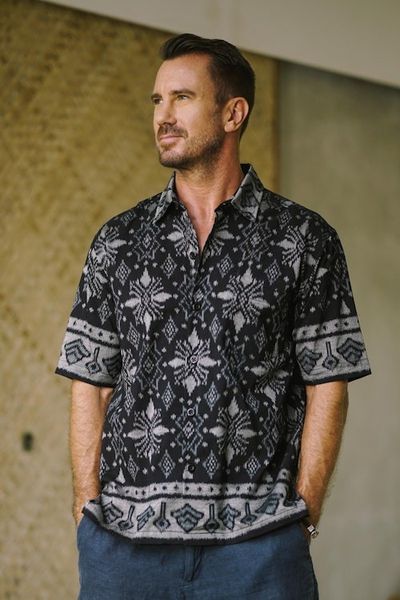 Alternate image for Hand Woven Mens Ikat Cotton Shirt Dark Ash