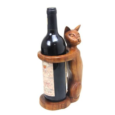 Alternate image for Hand Carved Wooden Cat Wine Bottle Holder Wine-Loving Cat