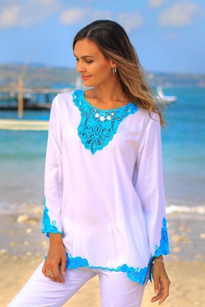 Alternate image for White and Turquoise Embroidered Rayon Tunic from Bali Kayangan in White