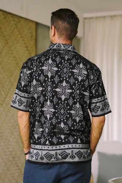 Alternate image for Hand Woven Mens Ikat Cotton Shirt Dark Ash