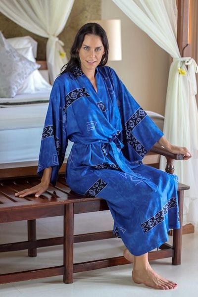 Alternate image for Hand Crafted Womens Batik Blue Patterned Robe Deep Blue Sea