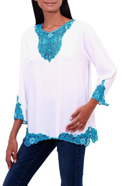 Alternate image for White and Turquoise Embroidered Rayon Tunic from Bali Kayangan in White
