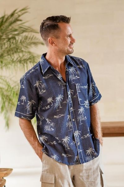 Alternate image for Mens Palm Tree-Patterned Cotton Shirt Tropical Vacation