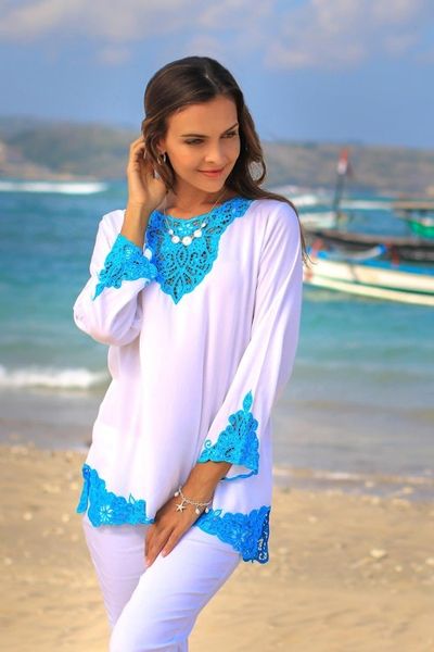 Alternate image for White and Turquoise Embroidered Rayon Tunic from Bali Kayangan in White