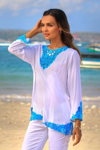 Alternate image for White and Turquoise Embroidered Rayon Tunic from Bali Kayangan in White