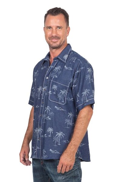Alternate image for Mens Palm Tree-Patterned Cotton Shirt Tropical Vacation