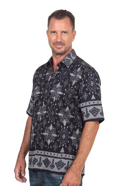 Alternate image for Hand Woven Mens Ikat Cotton Shirt Dark Ash