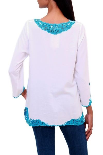Alternate image for White and Turquoise Embroidered Rayon Tunic from Bali Kayangan in White