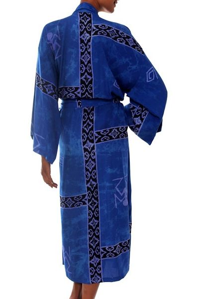 Alternate image for Hand Crafted Womens Batik Blue Patterned Robe Deep Blue Sea
