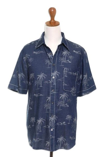 Alternate image for Mens Palm Tree-Patterned Cotton Shirt Tropical Vacation