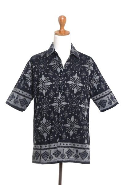 Alternate image for Hand Woven Mens Ikat Cotton Shirt Dark Ash