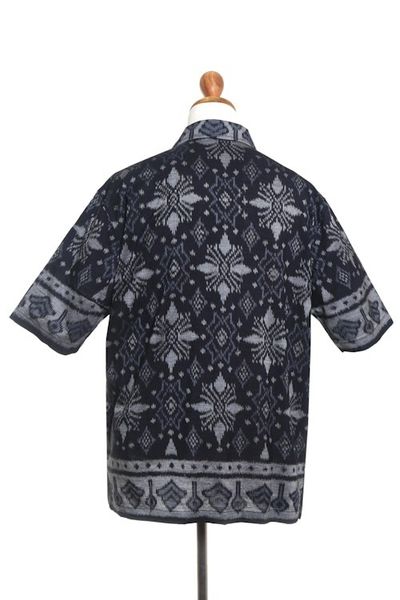 Alternate image for Hand Woven Mens Ikat Cotton Shirt Dark Ash