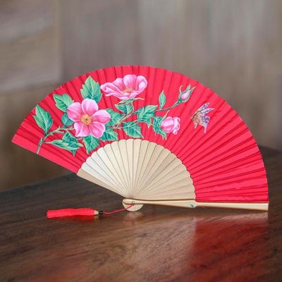 Alternate image for Silk and Wood Fan with Floral Motifs on Crimson Indonesia Empress Garden in Crimson