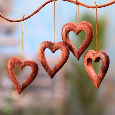 Alternate image for Heart-Shaped Suar Wood Ornaments from Bali Set of 4 Heart Grain