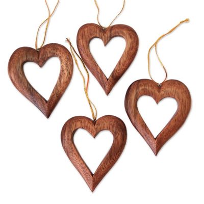 Alternate image for Heart-Shaped Suar Wood Ornaments from Bali Set of 4 Heart Grain