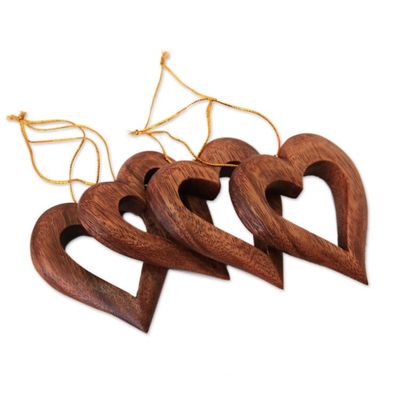Alternate image for Heart-Shaped Suar Wood Ornaments from Bali Set of 4 Heart Grain