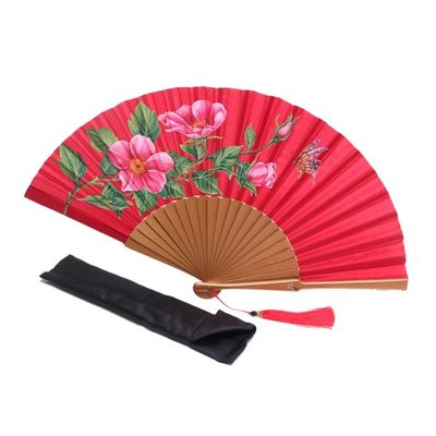 Alternate image for Silk and Wood Fan with Floral Motifs on Crimson Indonesia Empress Garden in Crimson