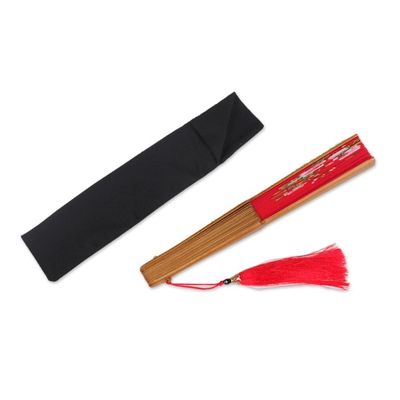 Alternate image for Silk and Wood Fan with Floral Motifs on Crimson Indonesia Empress Garden in Crimson