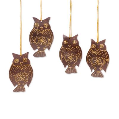 Alternate image for Set of 4 Javanese Coconut Shell Owl Figure Ornaments Hanging Owls
