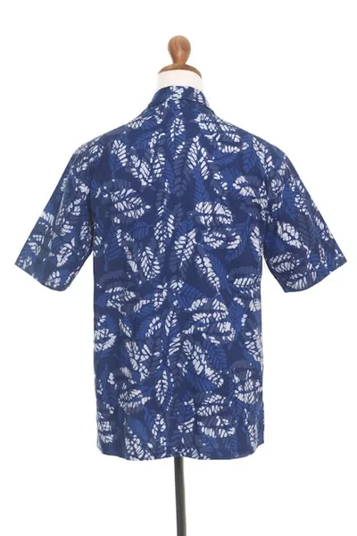 Alternate image for Mens Short-Sleeved Blue Cotton Batik Shirt from Bali Blue Leaf Shadows