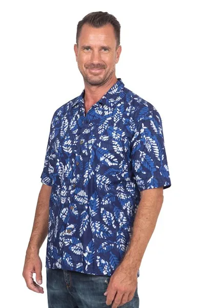 Alternate image for Mens Short-Sleeved Blue Cotton Batik Shirt from Bali Blue Leaf Shadows