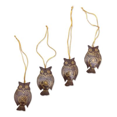 Alternate image for Set of 4 Javanese Coconut Shell Owl Figure Ornaments Hanging Owls