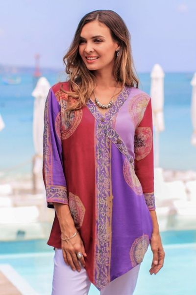 Alternate image for Red and Purple Hand Batik Textured Rayon Flowing Tunic Color Symphony in Purple
