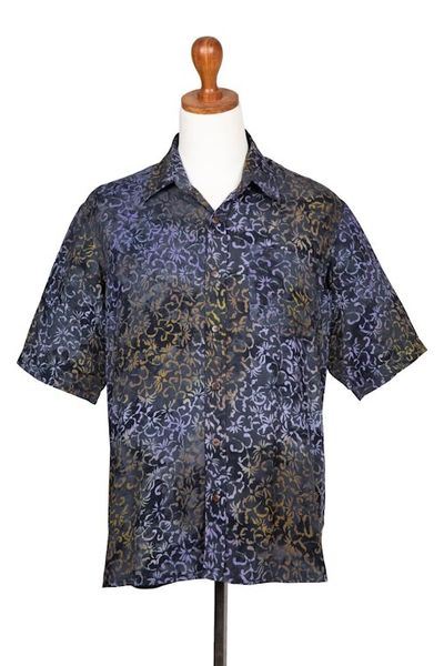 Alternate image for Mens Handcrafted Rayon Shirt with Purple Batik Pattern Purple Floral