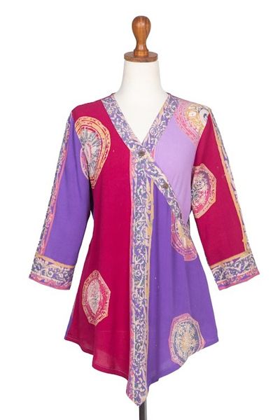 Alternate image for Red and Purple Hand Batik Textured Rayon Flowing Tunic Color Symphony in Purple