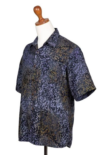 Alternate image for Mens Handcrafted Rayon Shirt with Purple Batik Pattern Purple Floral