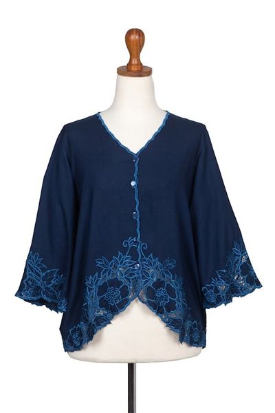 Alternate image for Blue Rayon Embroidered Floral Blouse Azure Blossom