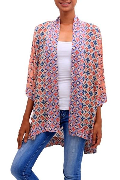 Alternate image for Chili and Azure Printed Rayon Kimono from Bali Kelud Crisscross