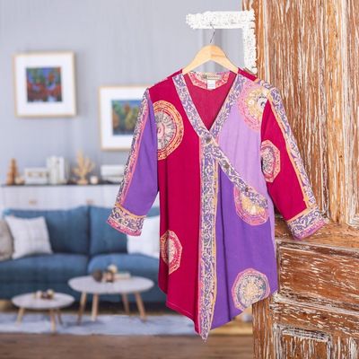 Alternate image for Red and Purple Hand Batik Textured Rayon Flowing Tunic Color Symphony in Purple