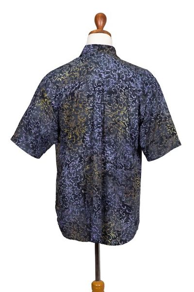 Alternate image for Mens Handcrafted Rayon Shirt with Purple Batik Pattern Purple Floral