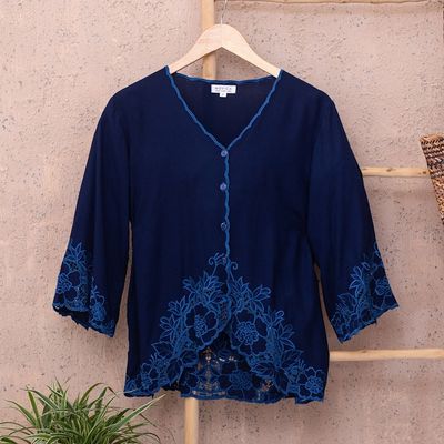 Alternate image for Blue Rayon Embroidered Floral Blouse Azure Blossom