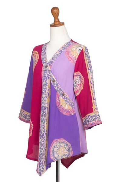 Alternate image for Red and Purple Hand Batik Textured Rayon Flowing Tunic Color Symphony in Purple