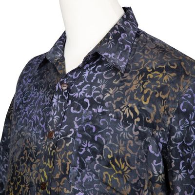 Alternate image for Mens Handcrafted Rayon Shirt with Purple Batik Pattern Purple Floral
