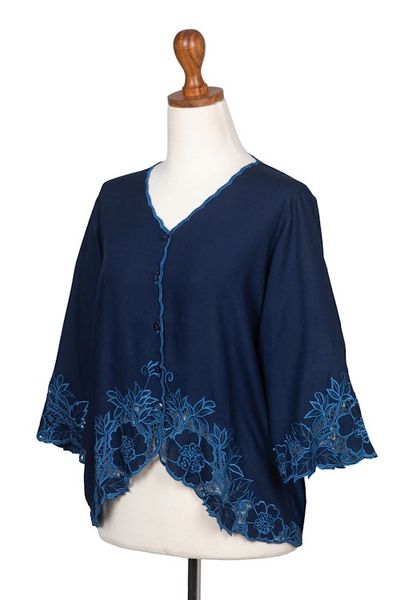 Alternate image for Blue Rayon Embroidered Floral Blouse Azure Blossom