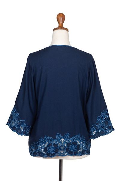 Alternate image for Blue Rayon Embroidered Floral Blouse Azure Blossom